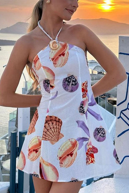 Sommerlig Halterneck Kjole med Muslingemønster | Polyester | Let & Stilfuld