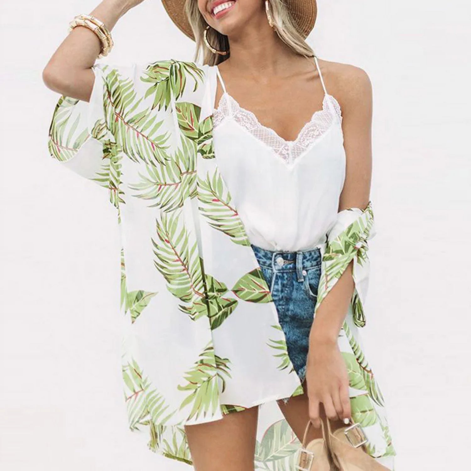 MODA Sort åndbar kimono med bladprint