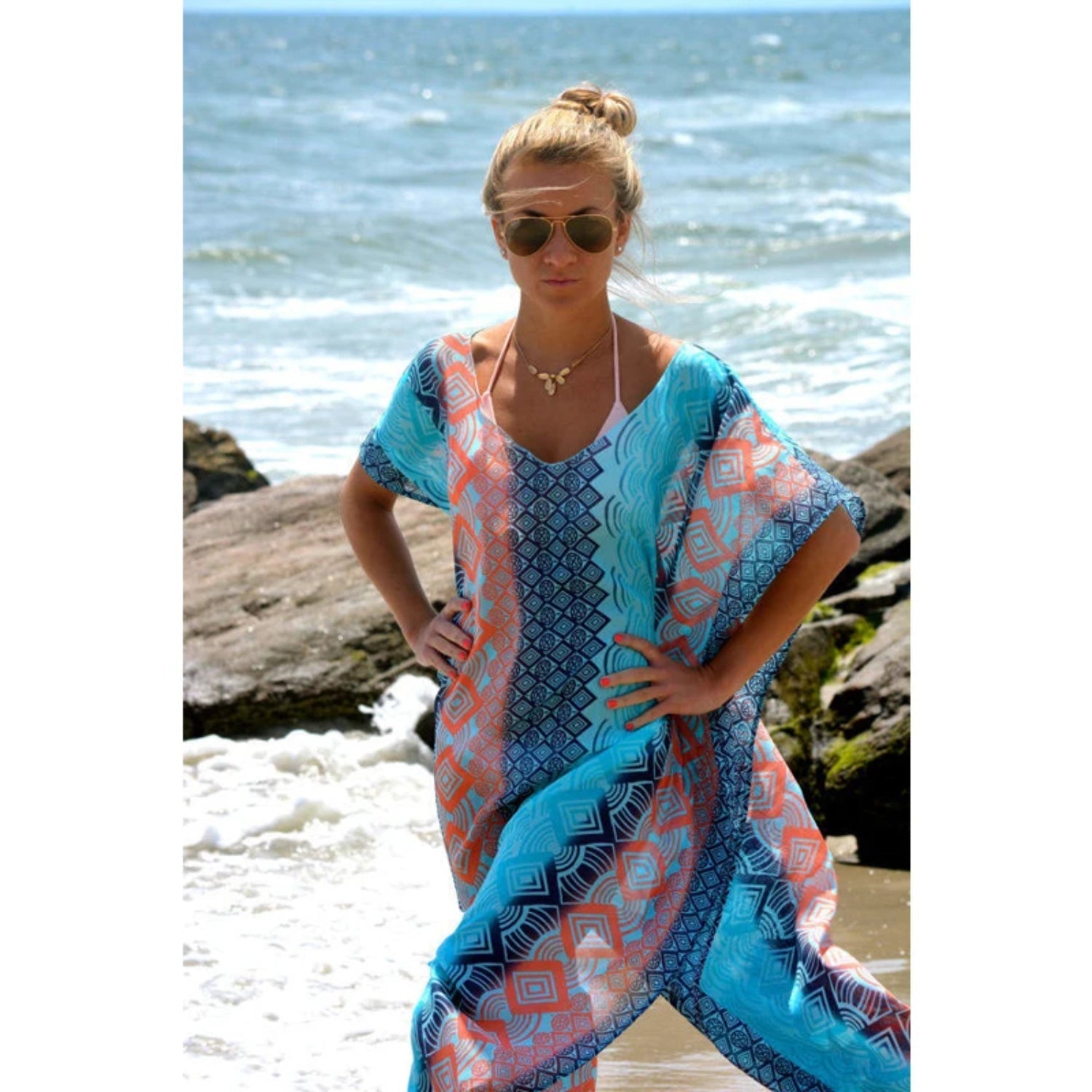 MODA blå printet letvægts-kimono med v-hals