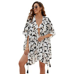 MODA Sort kimono med bladprint, v-hals og kvaster