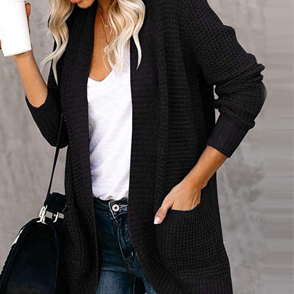 Dame Strikket Cardigan - Langærmet Løs Pasform - Åben Front med Store Lommer