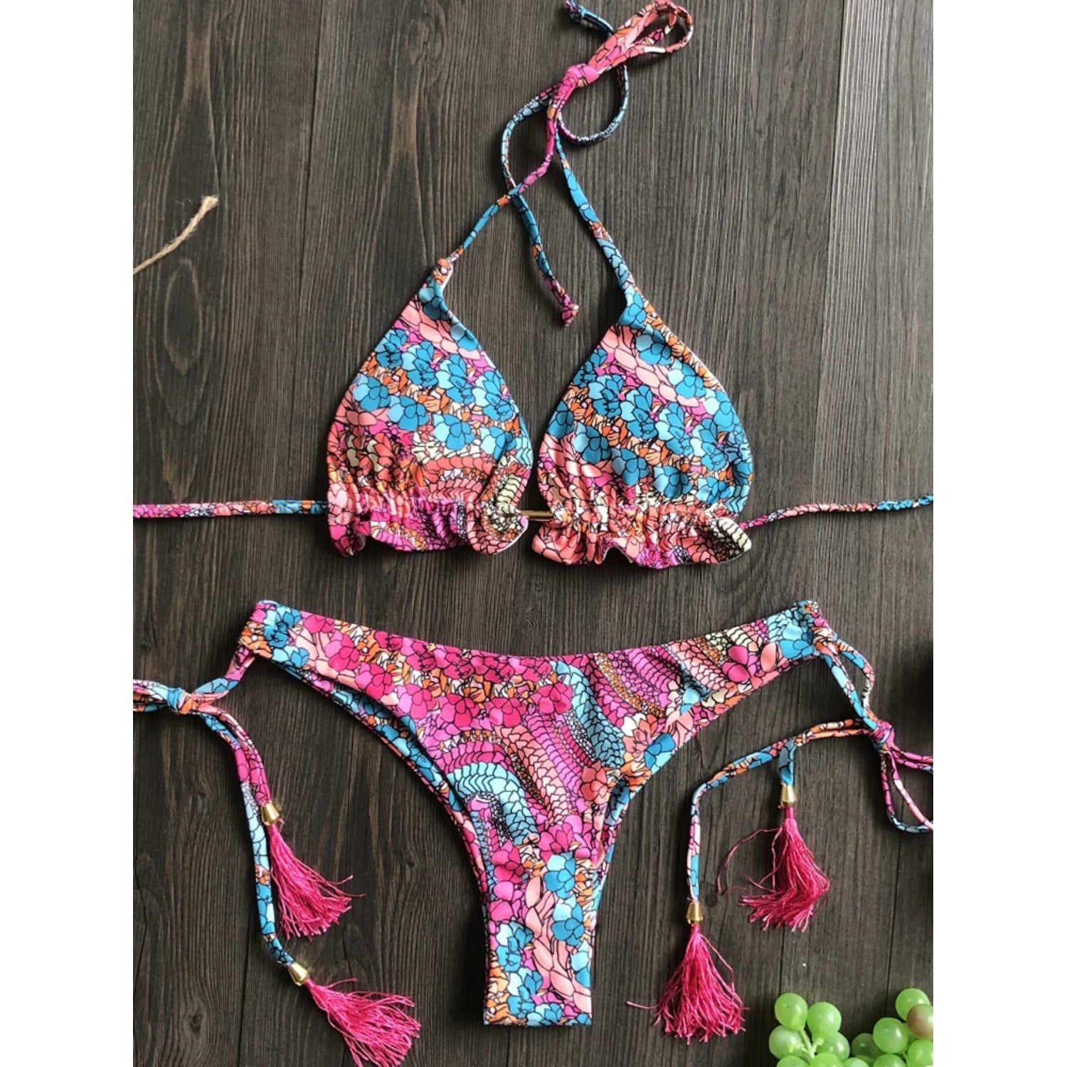 MODA Blomstret bikinier med push up-bh og lavtaljet g-streng
