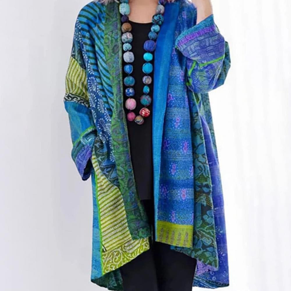 Dame Lang Kimono - Patchwork Design - Boheme Stil - Let og Luftig - Åben Front