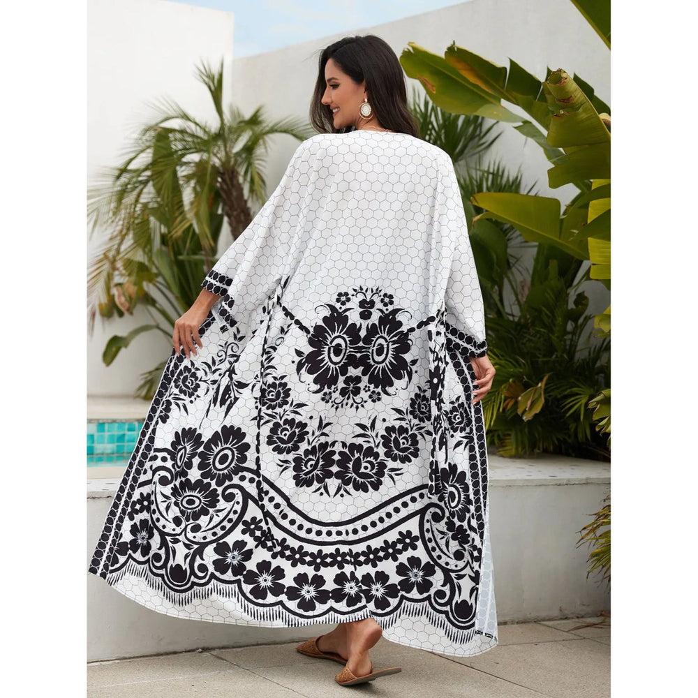 MODA hvid kimono med geometrisk print og v-hals