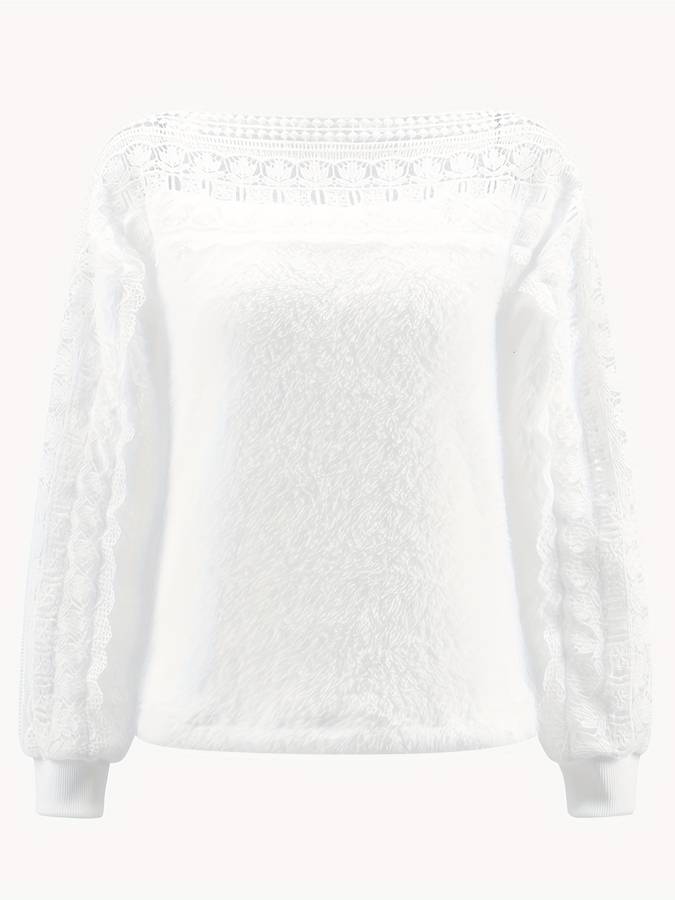 Langærmet T-shirt med udskårne blondesømme