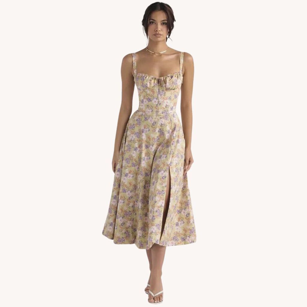 Liliana - Vintage Blomstret Midi Solskjole med Slids