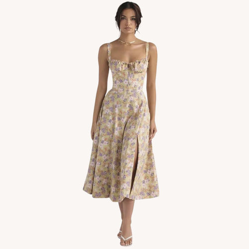 Liliana - Vintage Blomstret Midi Solskjole med Slids