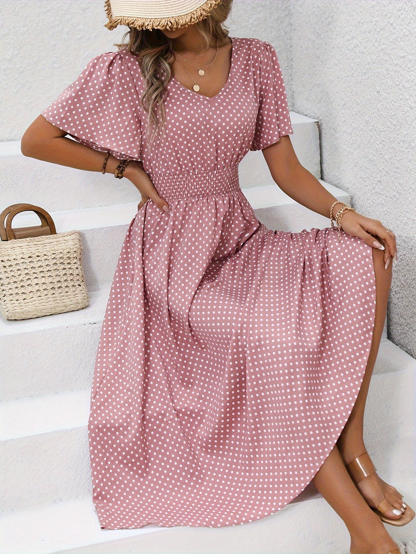 Midi Kjole med Smock Talje | V-Hals | Sommerligt & Feminint Look