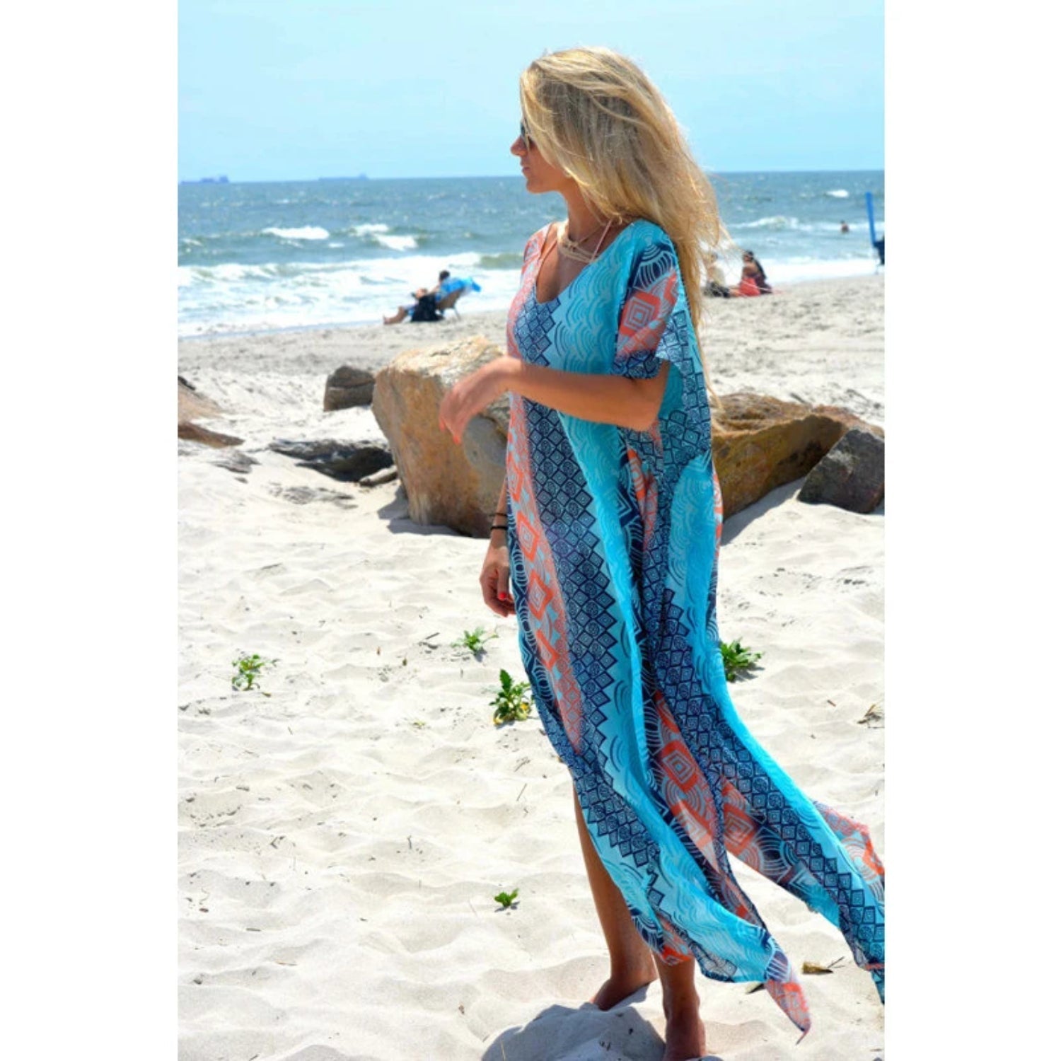 MODA blå printet letvægts-kimono med v-hals