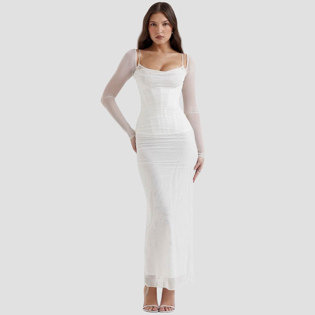 Gabriella - Elegant maxikjole med flæsede mesh-overlay