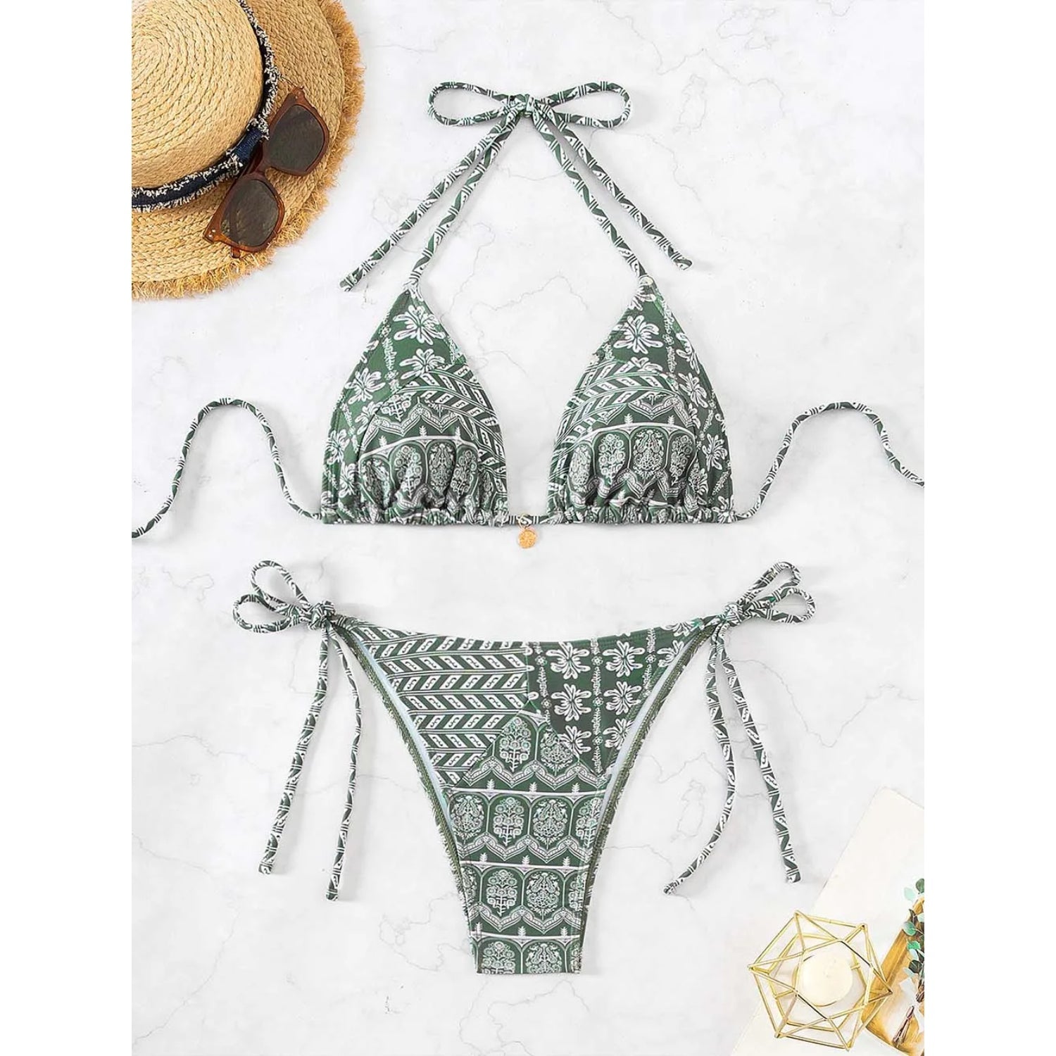 MODA Blomstret blå mønsterprint med halterneck og stropper til bikinier