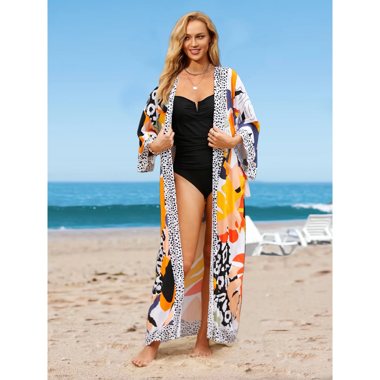 MODA boheme printet bælte fleece kimono