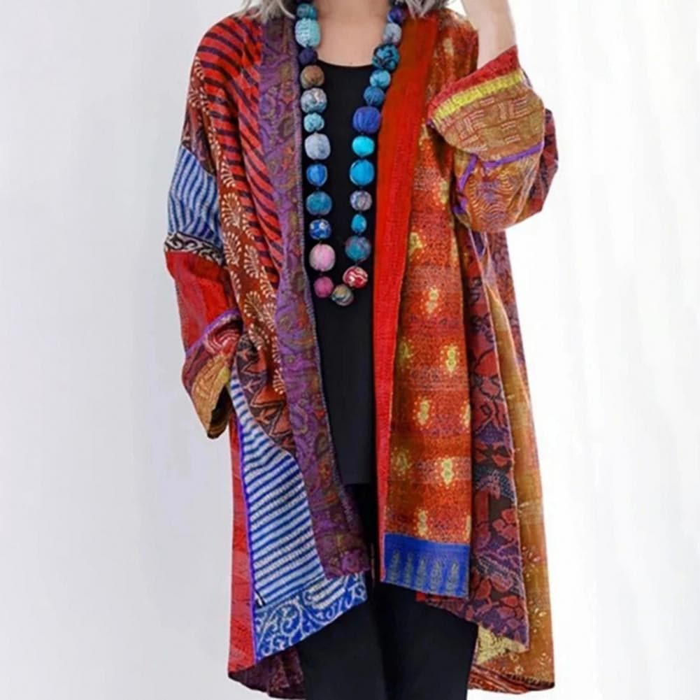 Dame Lang Kimono - Patchwork Design - Boheme Stil - Let og Luftig - Åben Front