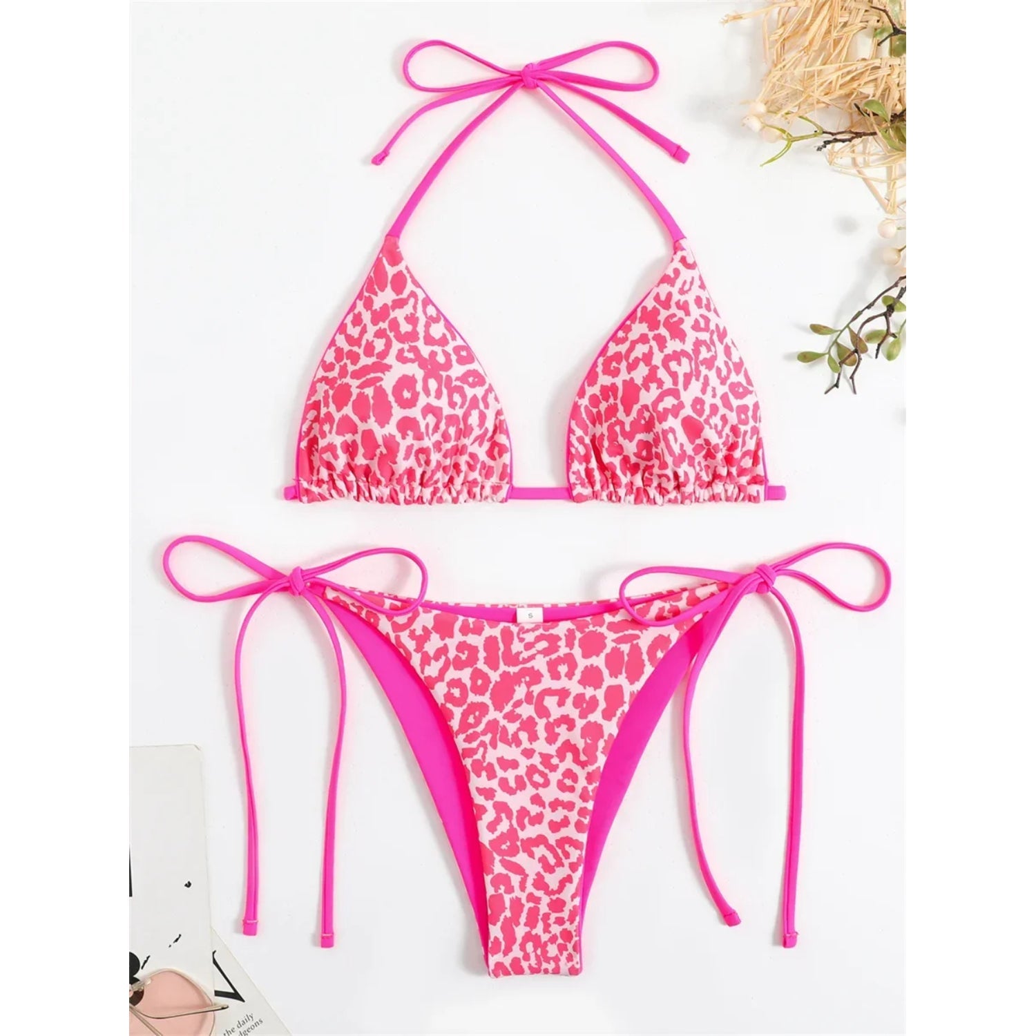MODA Rosa leopardprint neon dobbeltsidet push-up micro bikinier