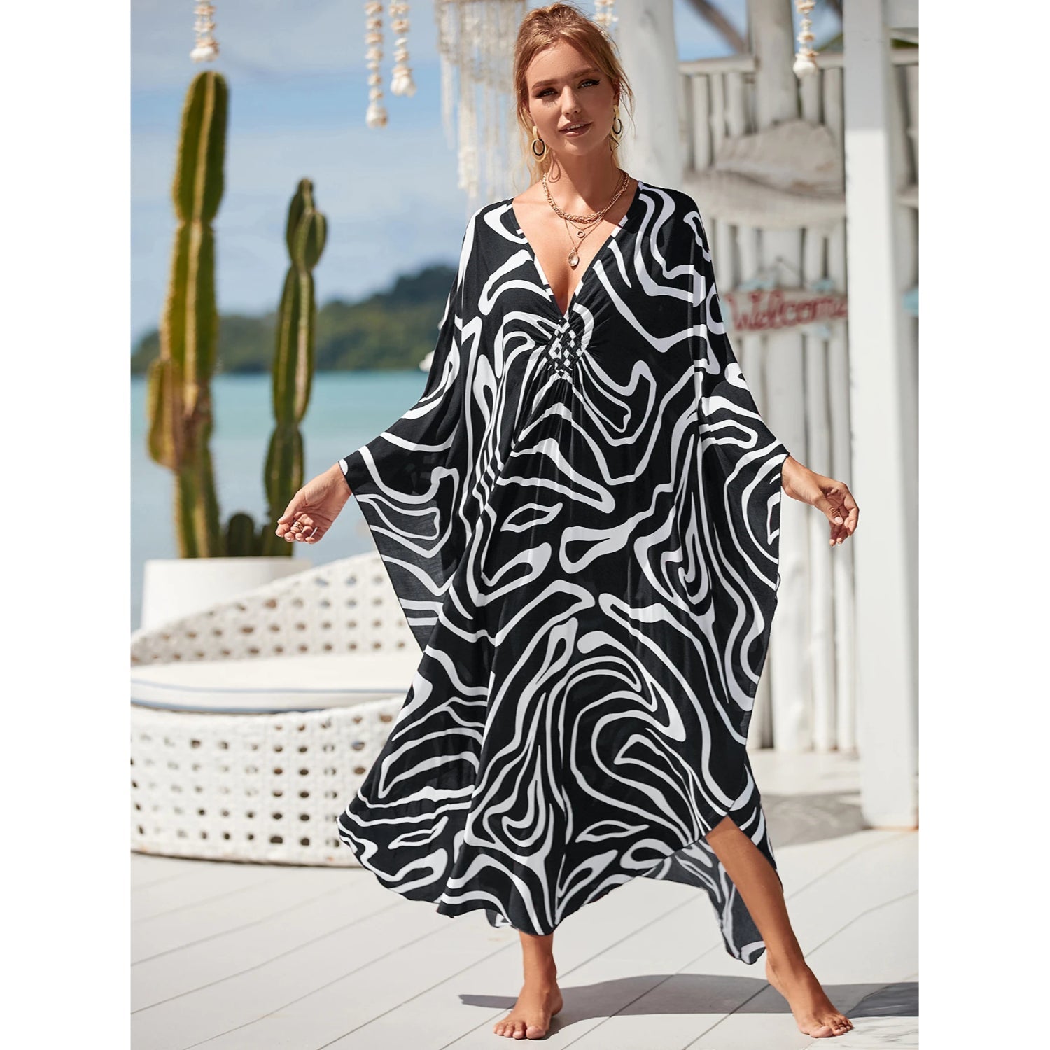 MODA Sort zebrastribet kimono med v-hals