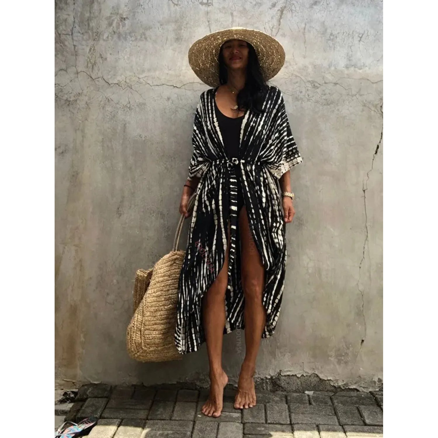 MODA blå stribet v-hals behagelig kimono
