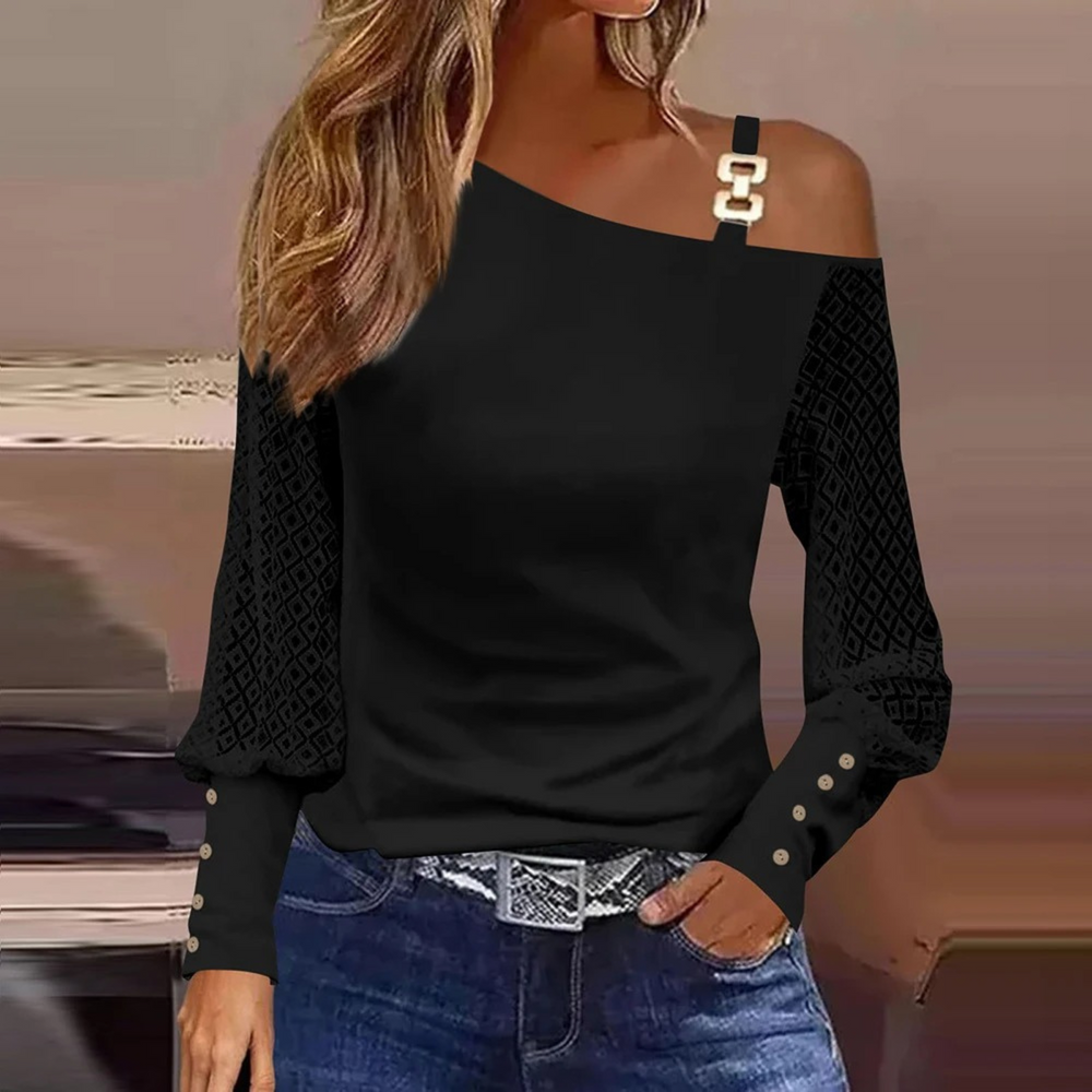 MODA elegant sort printet dame langærmet t shirt