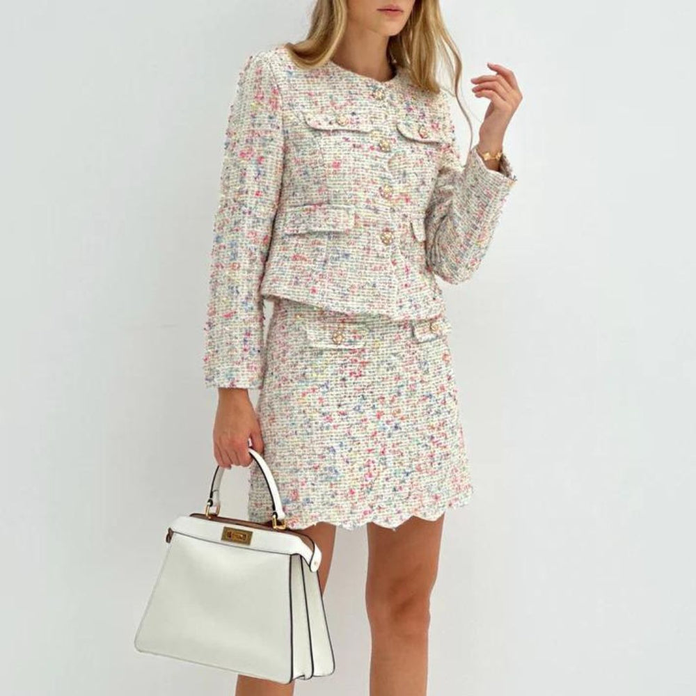 Blossom - Tweed Jakke og Nederdel Sæt med Frynse Detalje