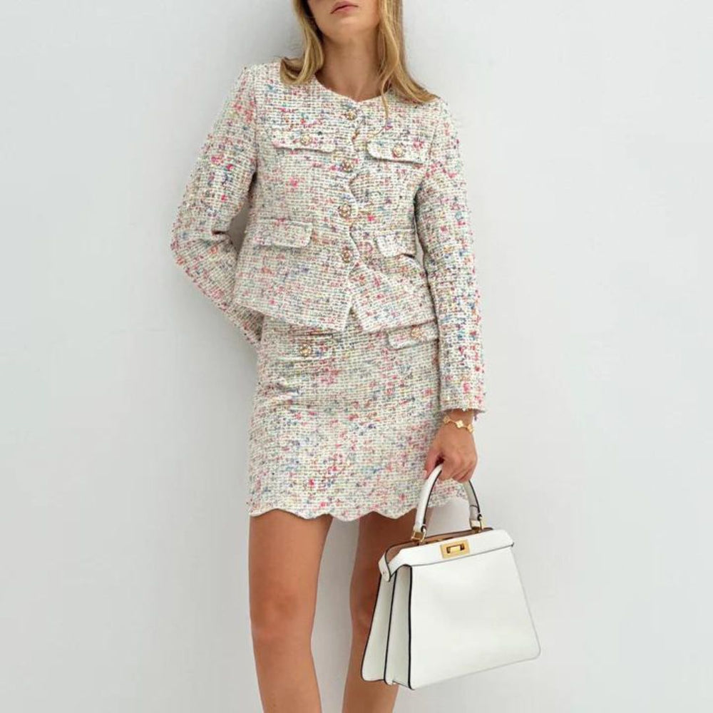 Blossom - Tweed Jakke og Nederdel Sæt med Frynse Detalje
