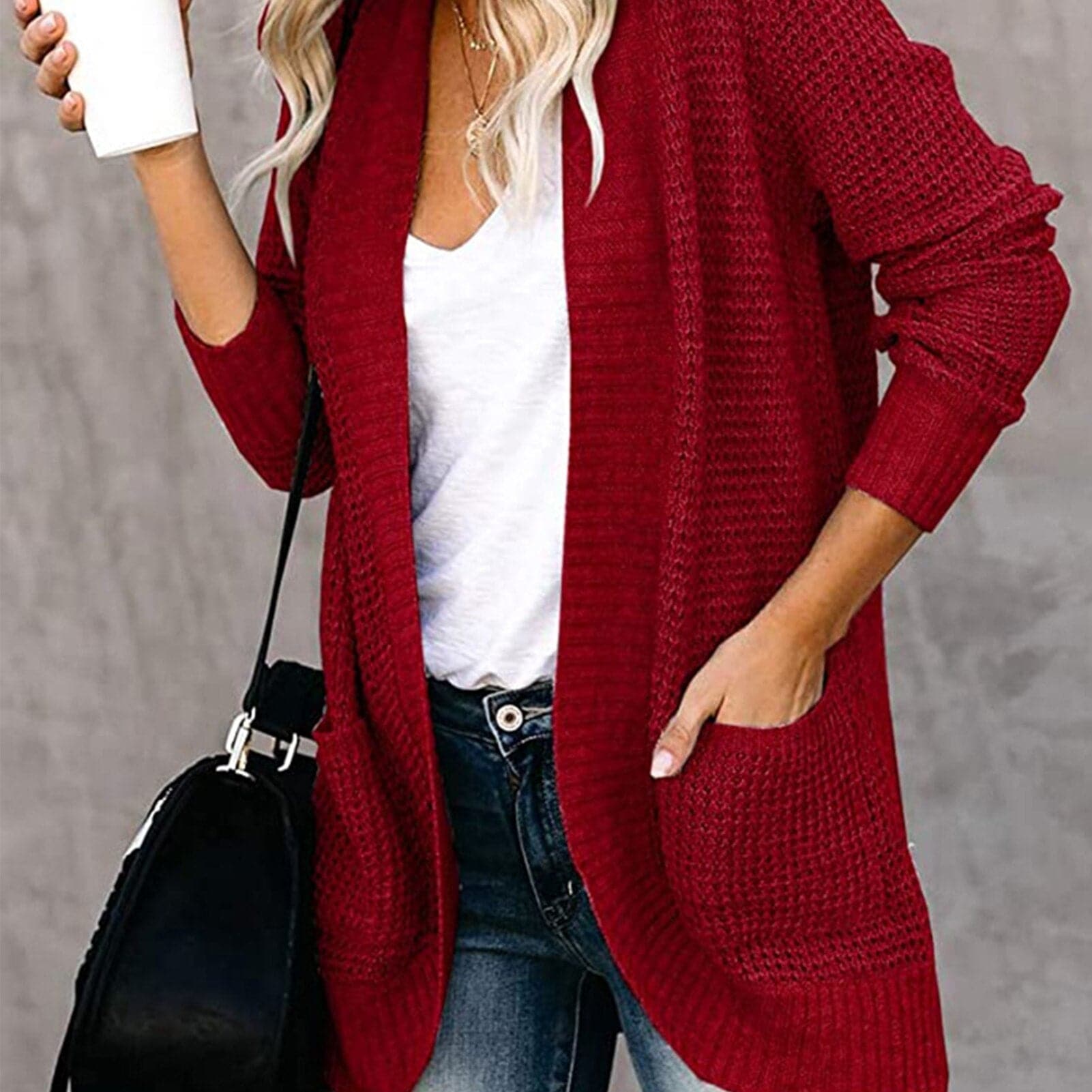 Dame Strikket Cardigan - Langærmet Løs Pasform - Åben Front med Store Lommer