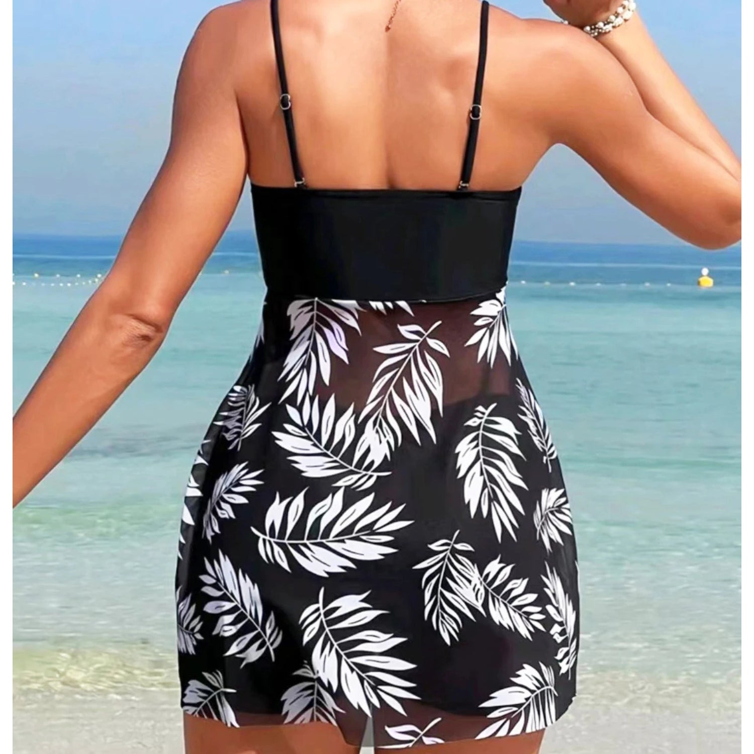 MODA letvægts tankini med sort bladermønster