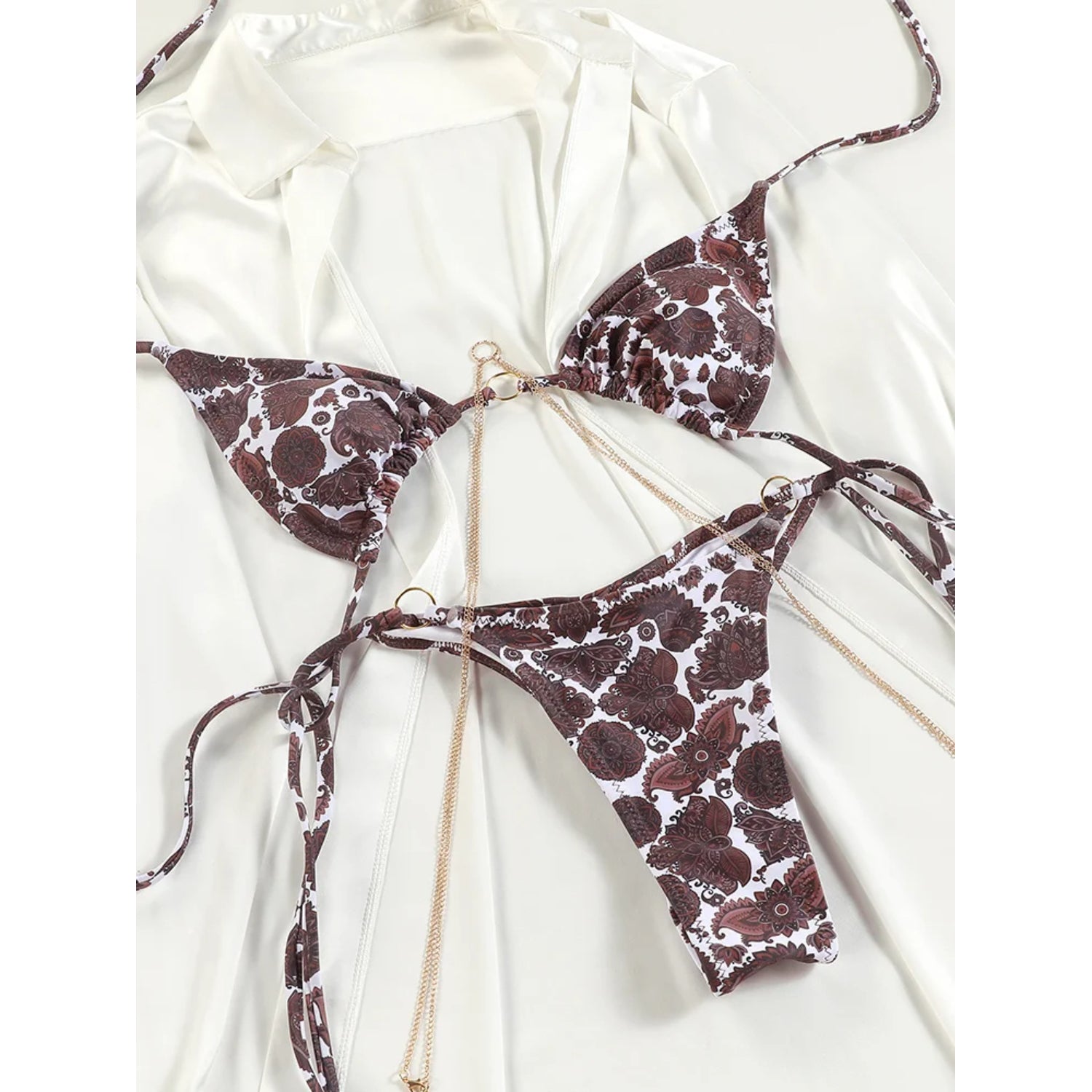 MODA Blomsterprintet todelt trekantet bikinier med kæder