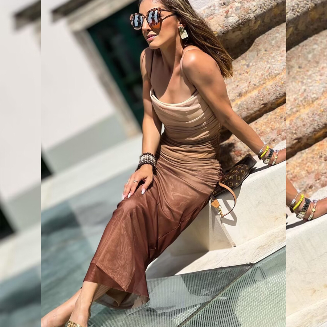 Adriana - Elegant midikjole i mesh med spaghettistropper