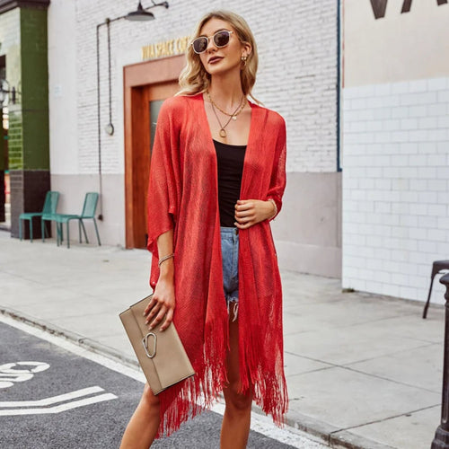 MODA komfortabel kimono med guldkvast og v-hals