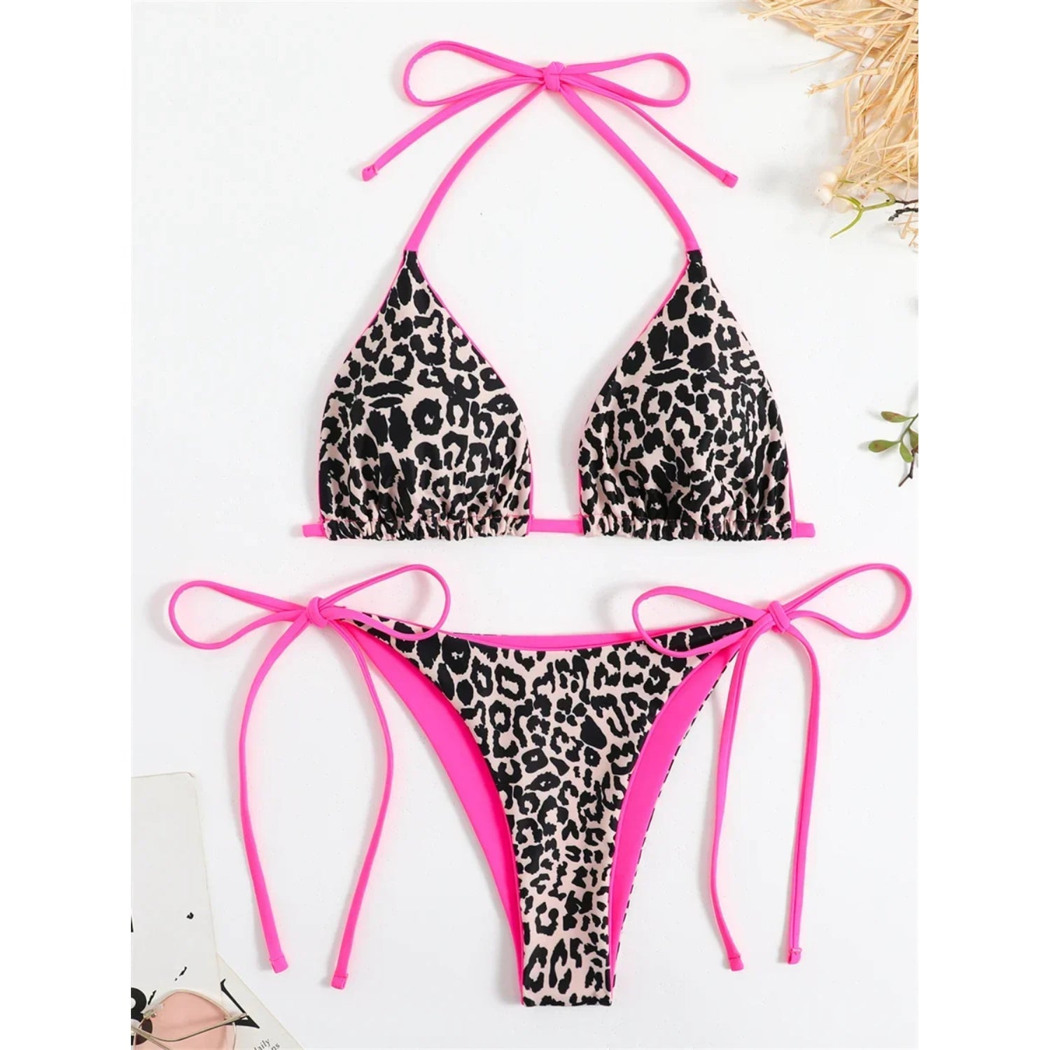 MODA Rosa leopardprint neon dobbeltsidet push-up micro bikinier