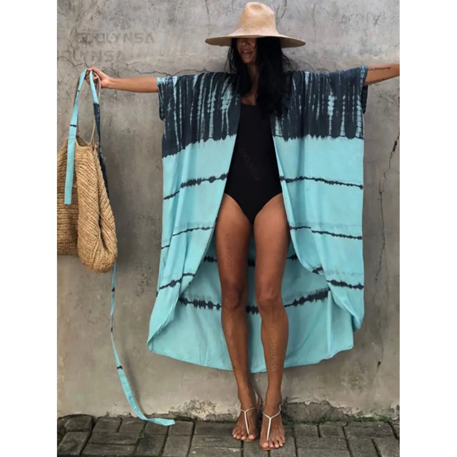 MODA blå stribet v-hals behagelig kimono