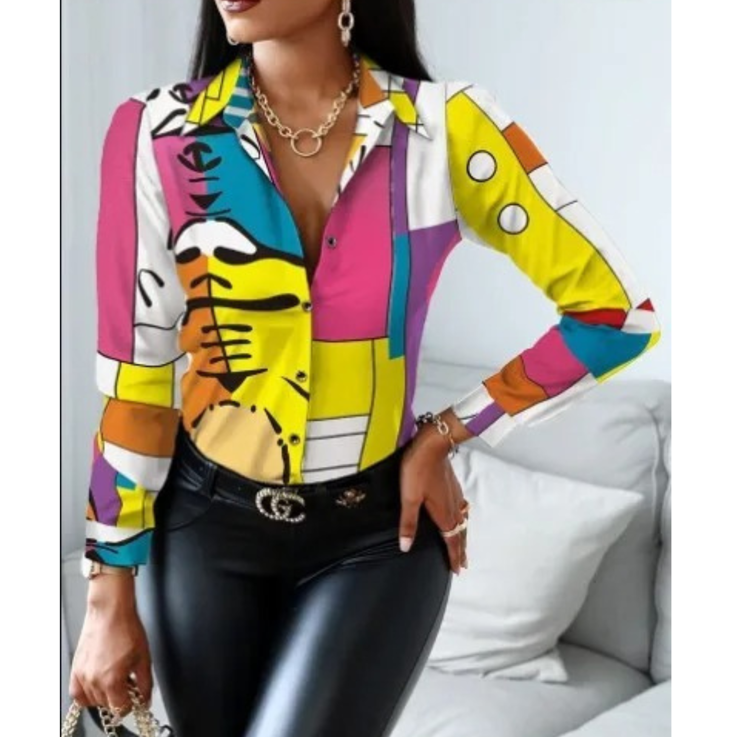 MODA patchwork med krave og leopard print dame bluse
