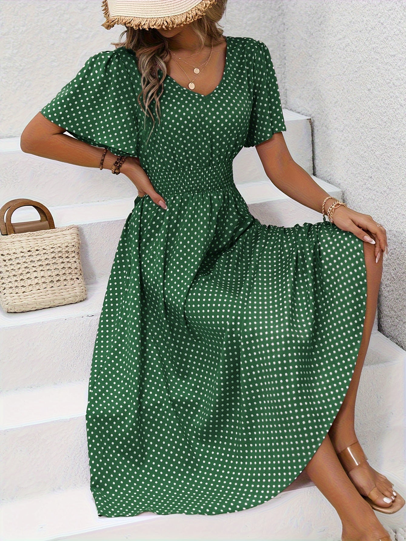 Midi Kjole med Smock Talje | V-Hals | Sommerligt & Feminint Look