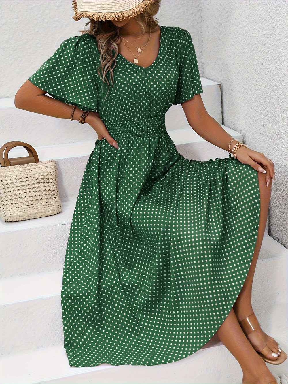 Midi Kjole med Smock Talje | V-Hals | Sommerligt & Feminint Look