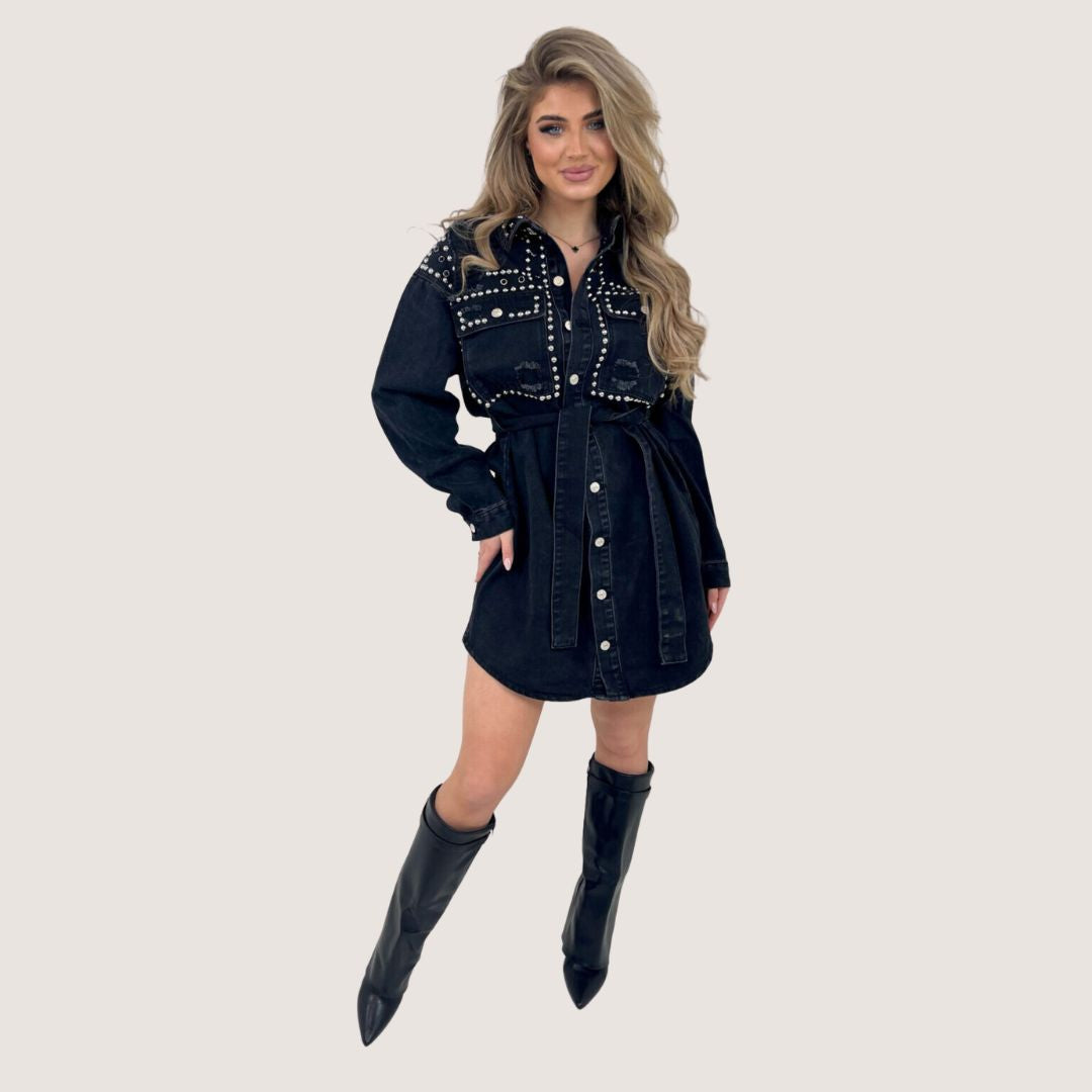 Sophia - Nittebesat Denim Skjortekjole med Indsnøret Talje