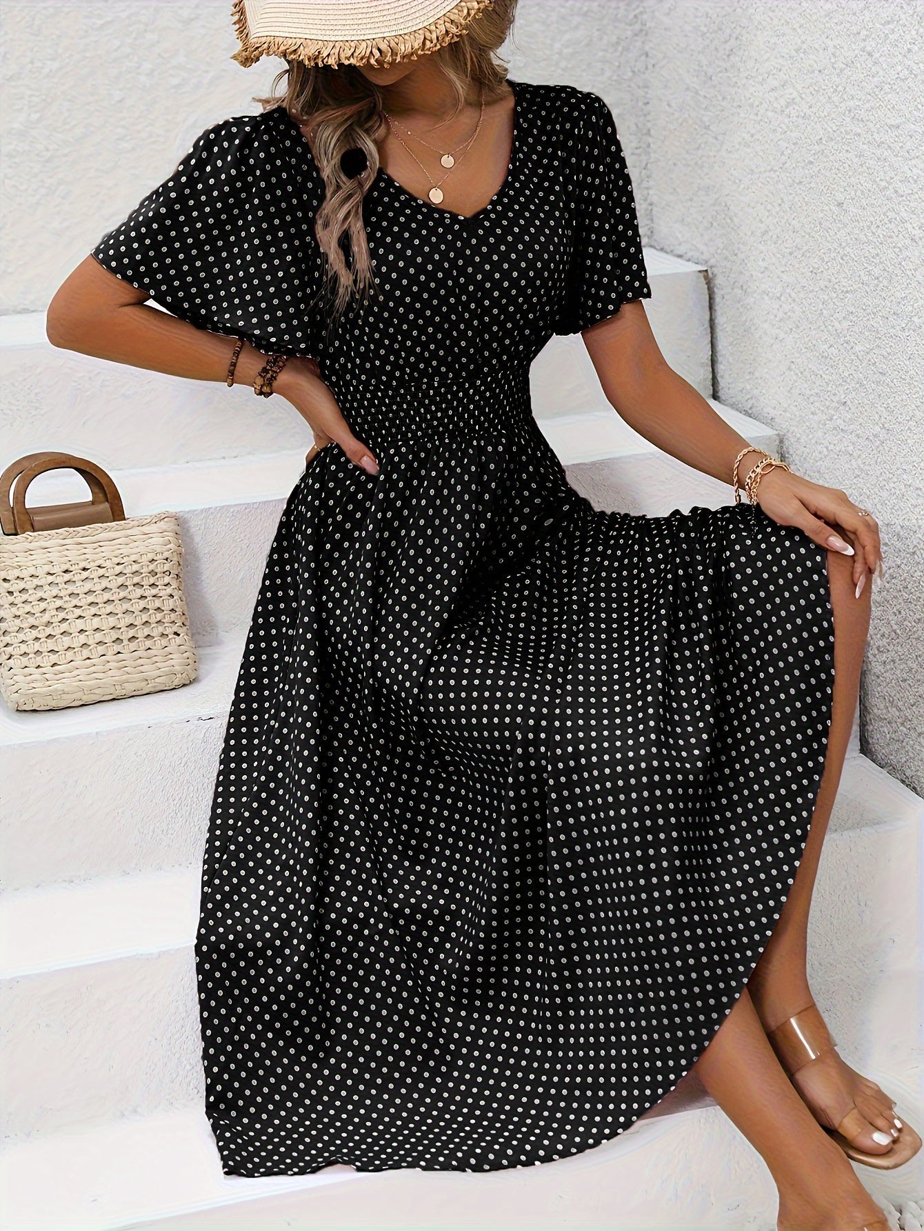 Midi Kjole med Smock Talje | V-Hals | Sommerligt & Feminint Look