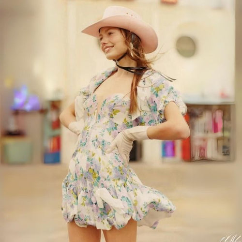 Isabella - off-the-shoulder blonde-trimmet blomstret playsuit