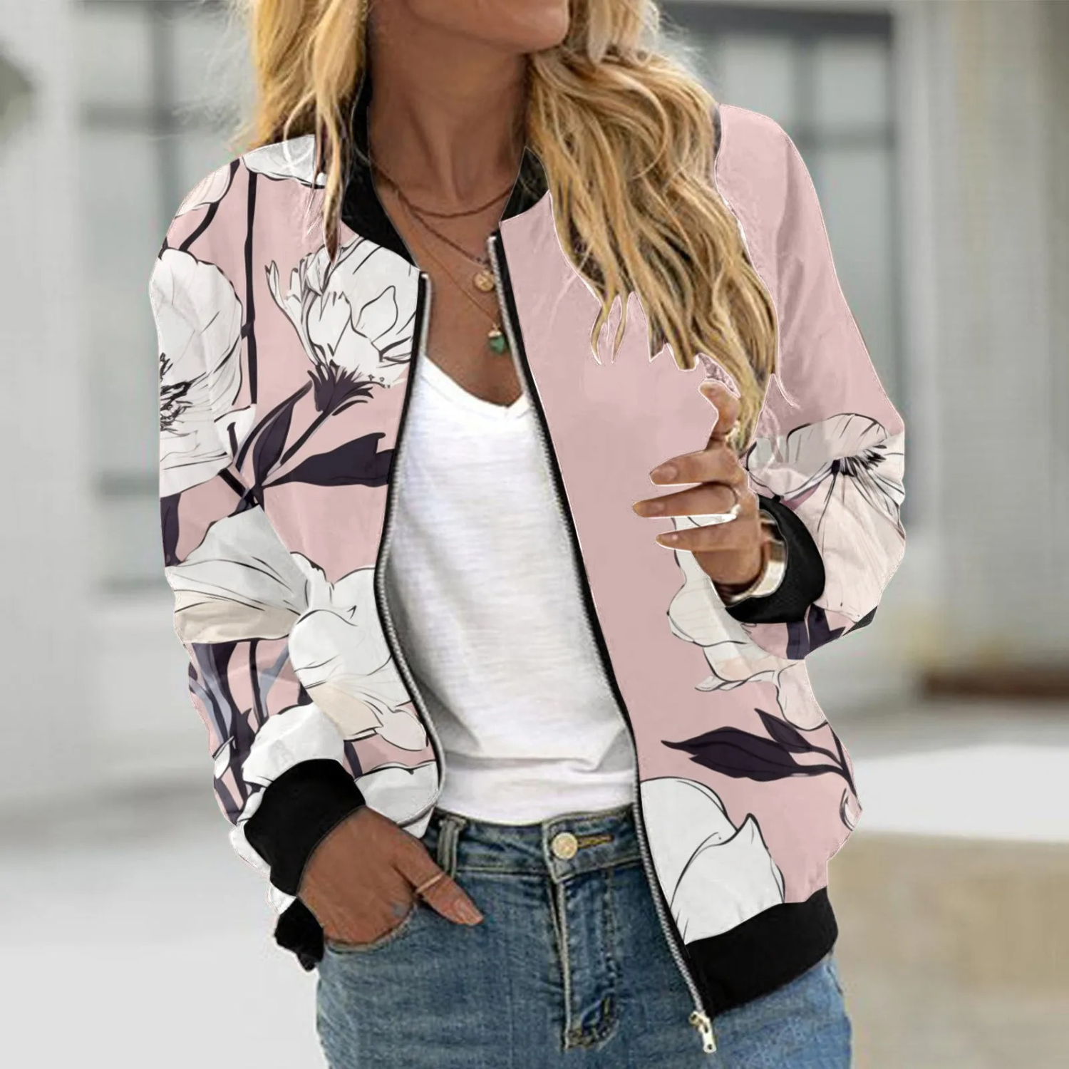 MODA Basic blomstermalet slank forårsjakke