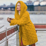 Dame Strikket Cardigan - Lang Model - Kabelstrik med Hætte - Åben Front