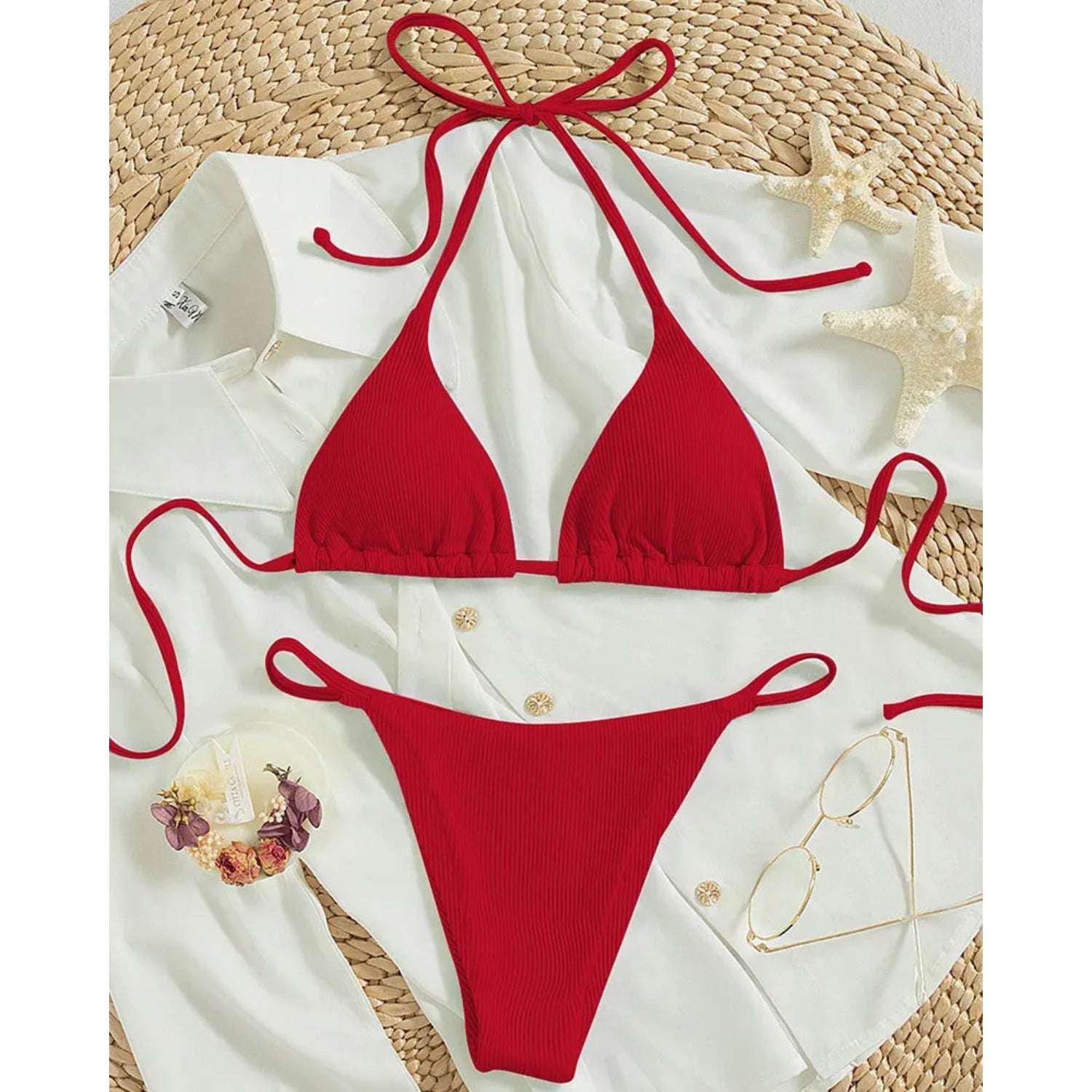 MODA Ensfarvet højtaljet halterneck-bikinier i pitstribet stof
