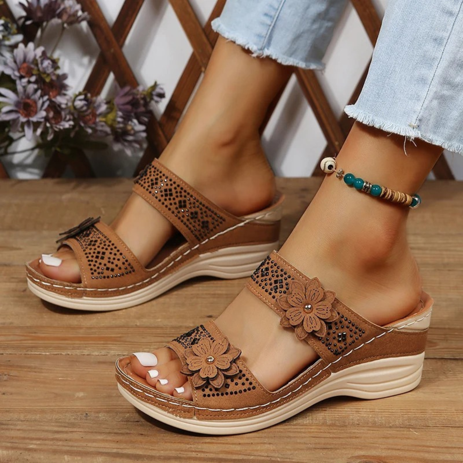 MODA dame sandaler med tyk sål og blomstermotiv