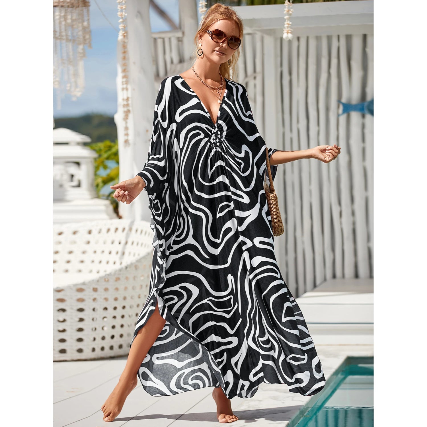 MODA Sort zebrastribet kimono med v-hals