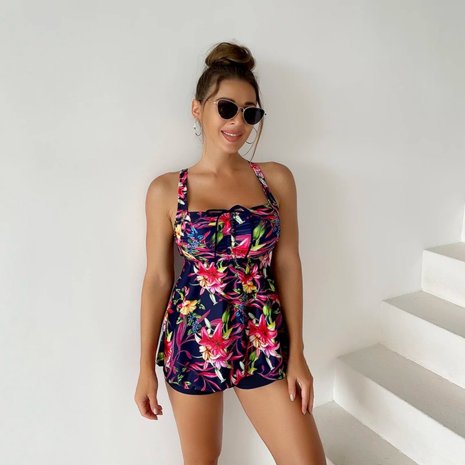 MODA sporty stil blå blomsterprint komfortabel tankini