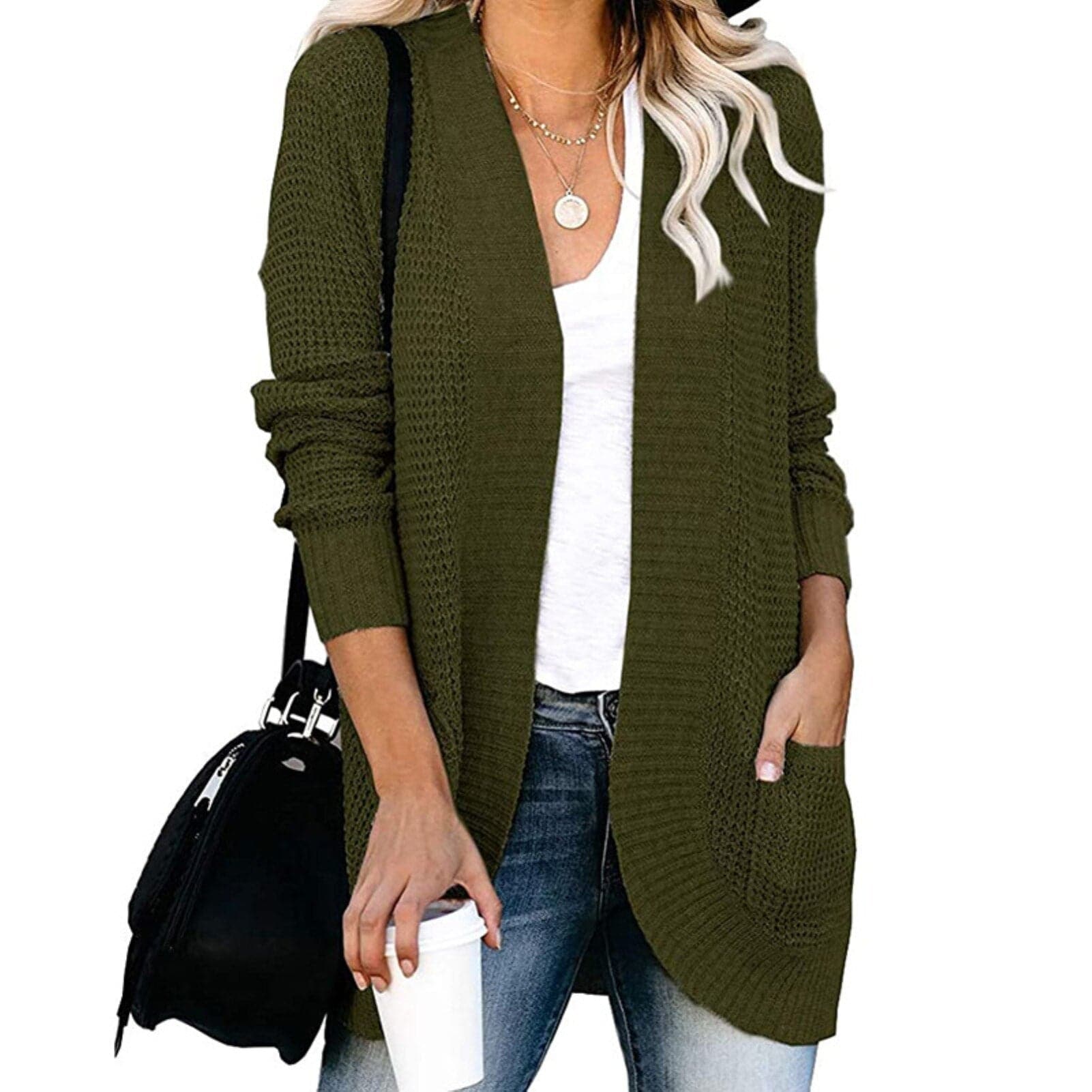 Dame Strikket Cardigan - Langærmet Løs Pasform - Åben Front med Store Lommer