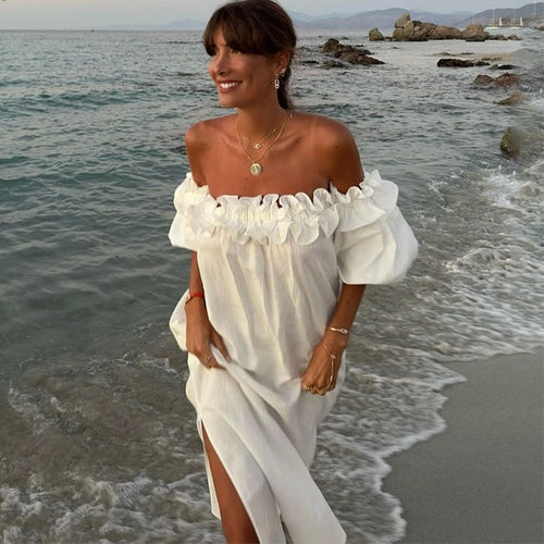 Elena - Romantisk off-the-shoulder kjole med flæser