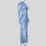 Elena - denim maxikjole med høj krave