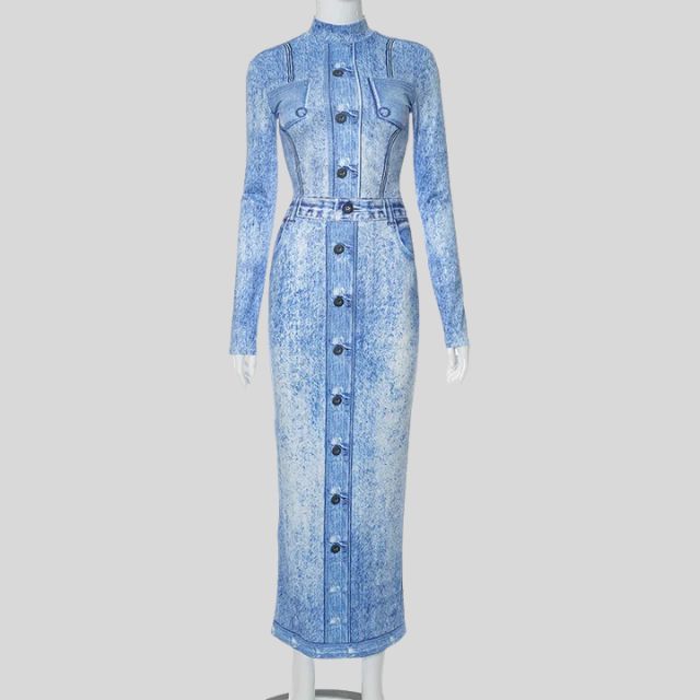 Elena - denim maxikjole med høj krave