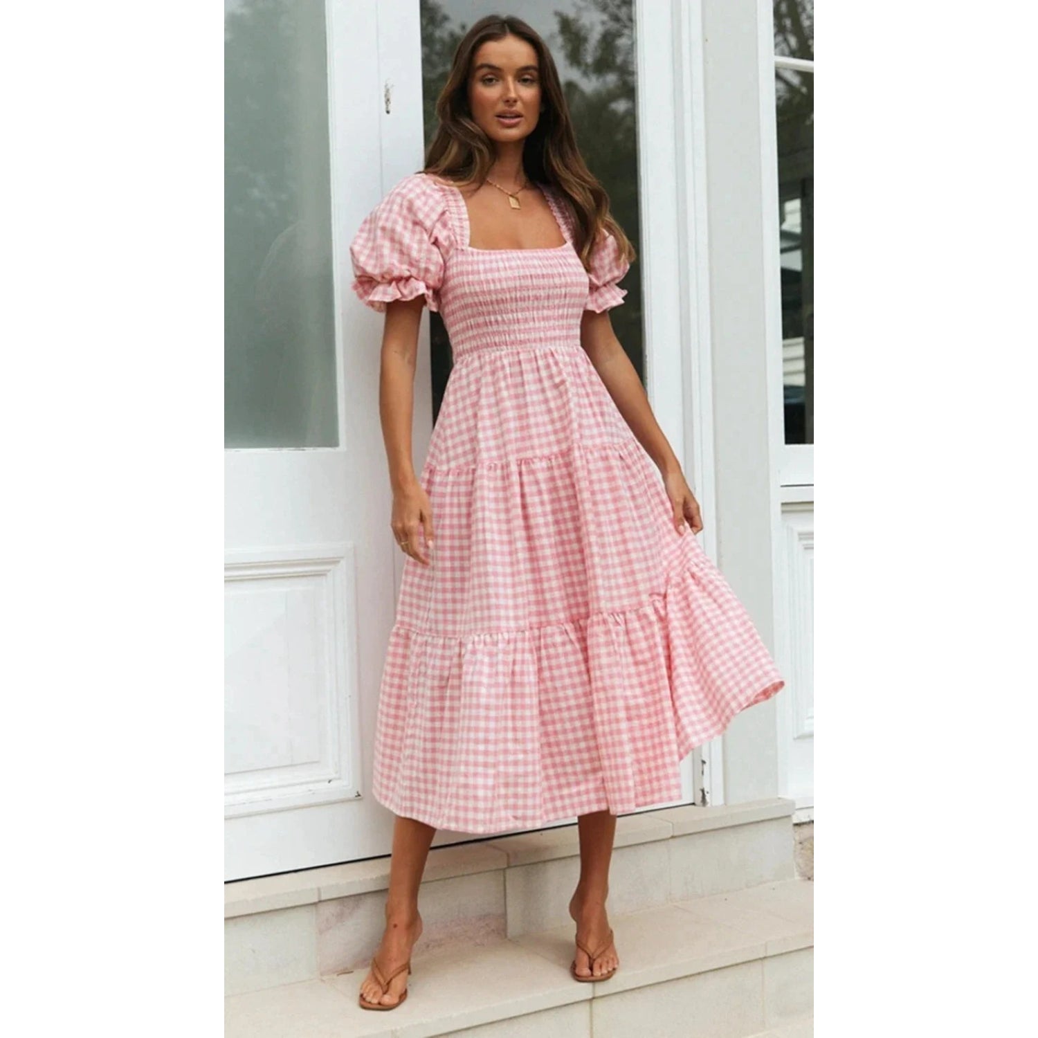 MODA kort pufærmet sommerkjole med plaidprint