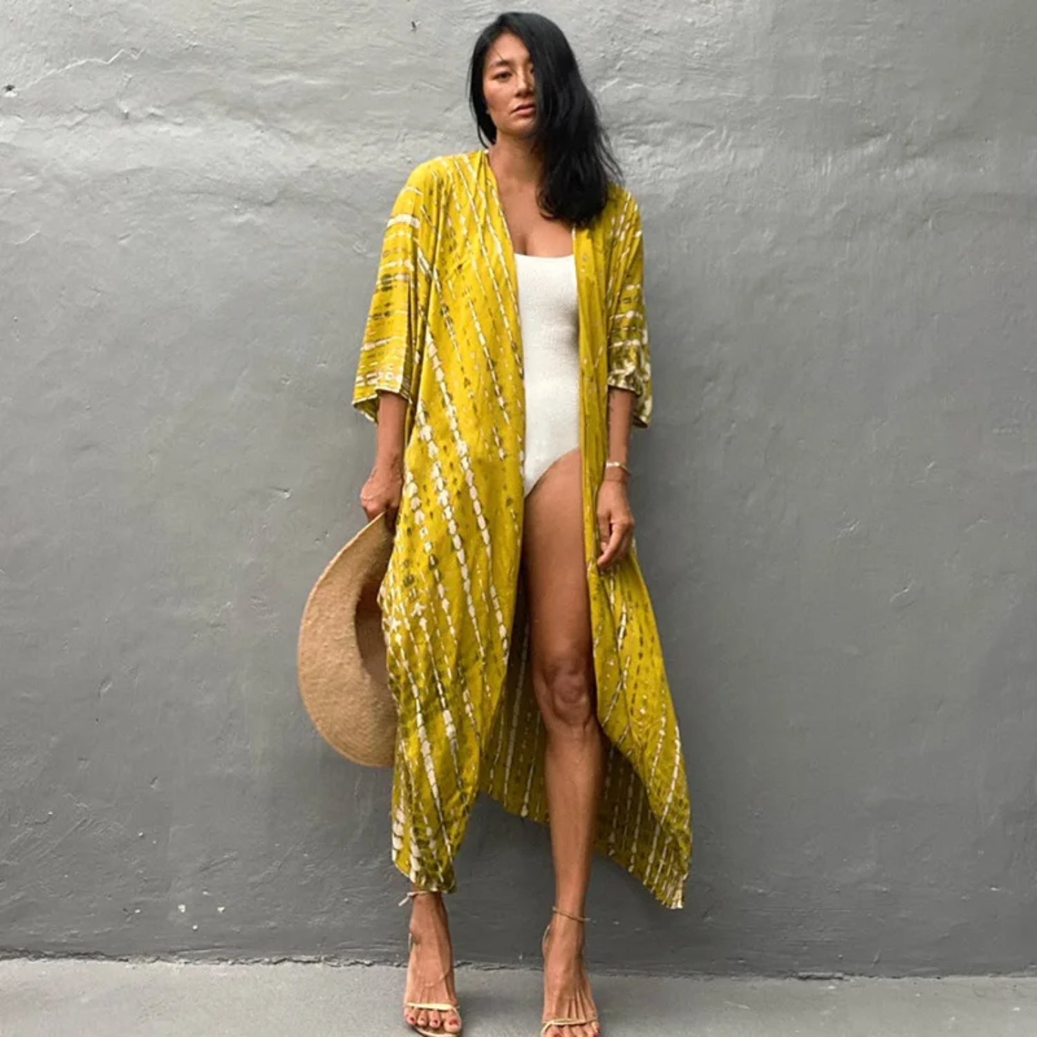 MODA gul slipset v-hals letvægts-kimono
