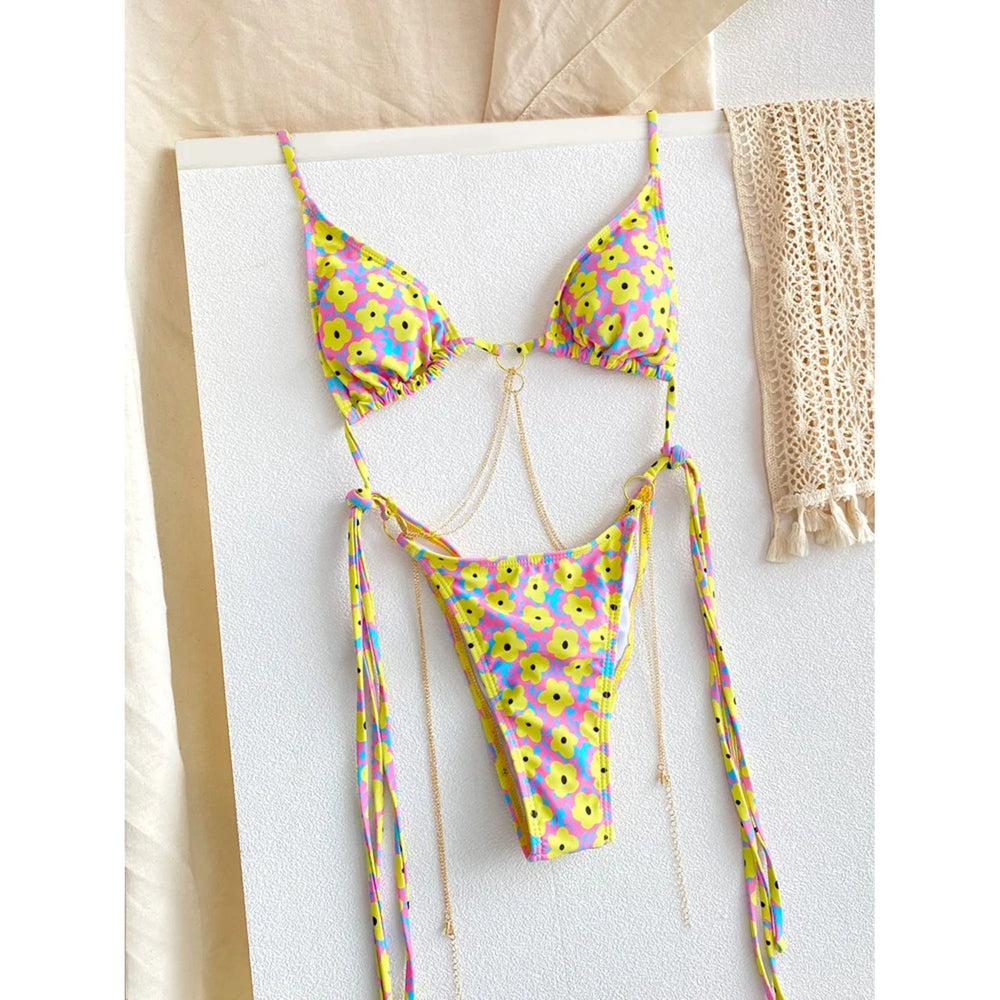 MODA Blomsterprintet todelt trekantet bikinier med kæder
