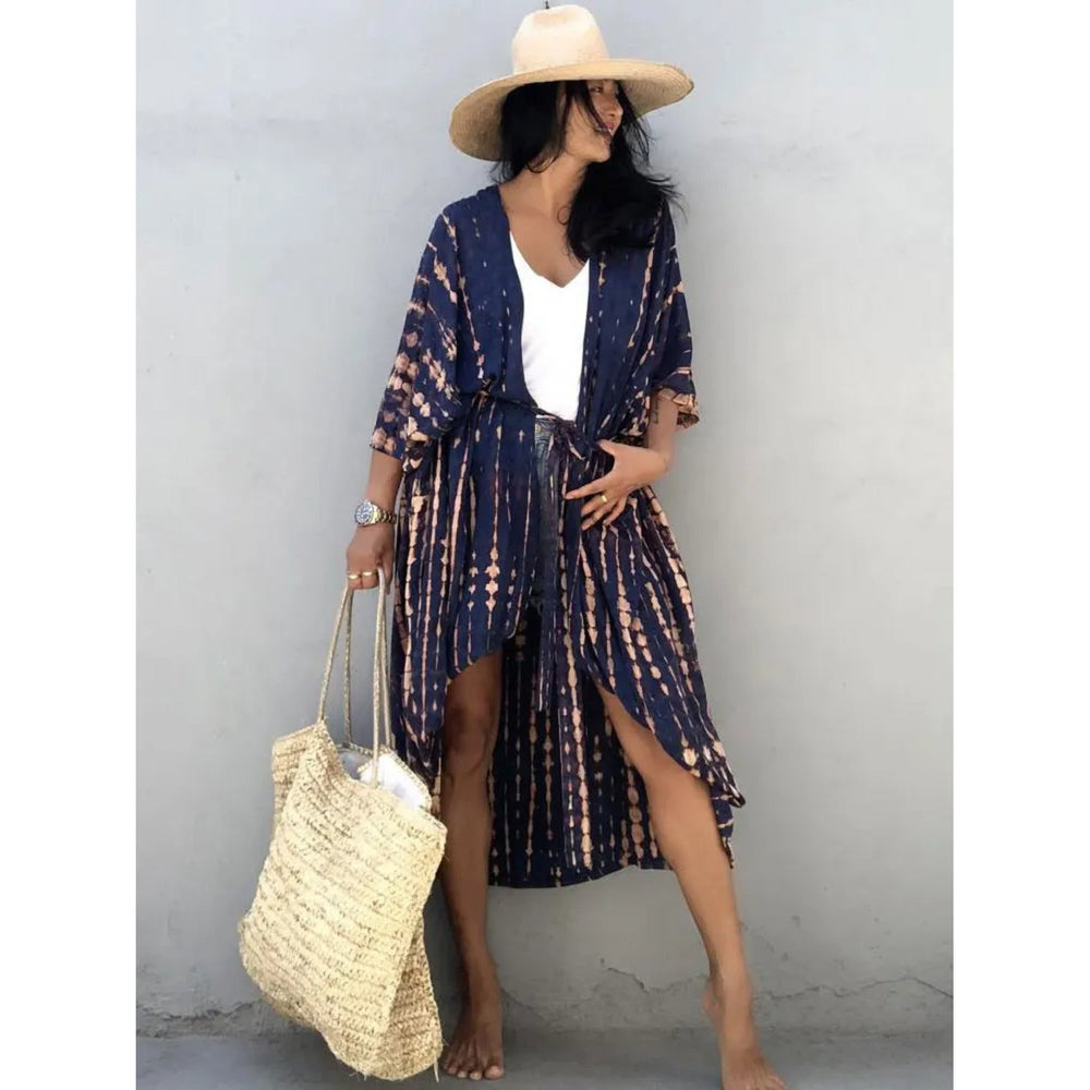 MODA blå stribet v-hals behagelig kimono